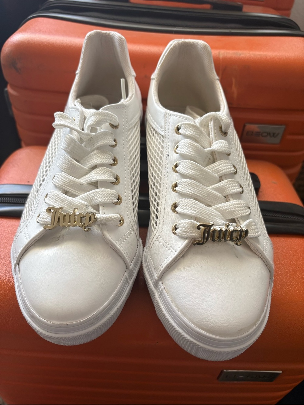 Juicy Couture White Mesh & Leather-Look Lace-Up Sneakers with Gold Logo Charm